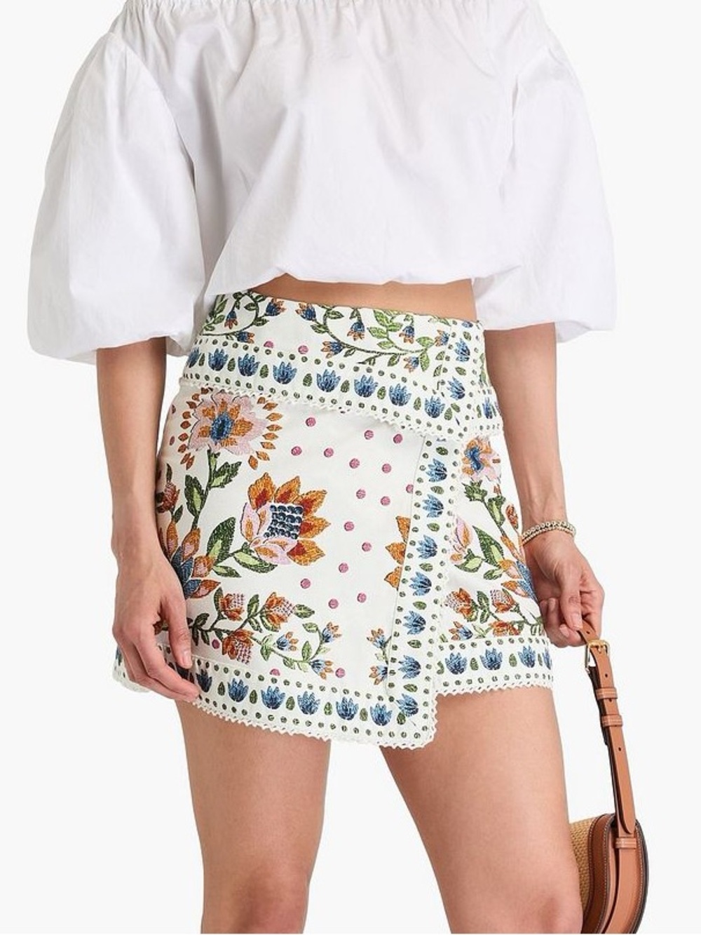 Farm Rio Wrap effect floral print cotton mini skirt lace trim